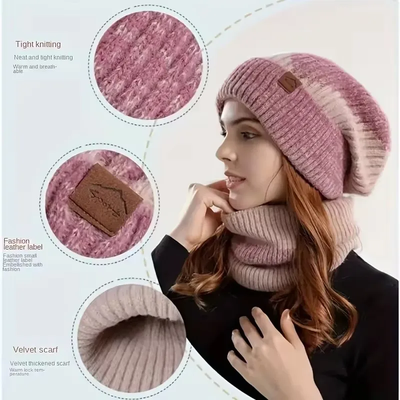 2 pezzi inverno caldo sciarpa cappello set unisex lavorato a maglia due colori splicing cappello di cashmere spesso accessorio per pendolari ciclismo all'aperto