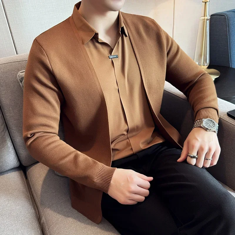 Herbst Neue Gefälschte 2 Stück Strickjacke Spurlose Hemd Kragen Verstärktes Casual Pullover Mode Männer Dünne Strickjacke Mäntel 4XL-M