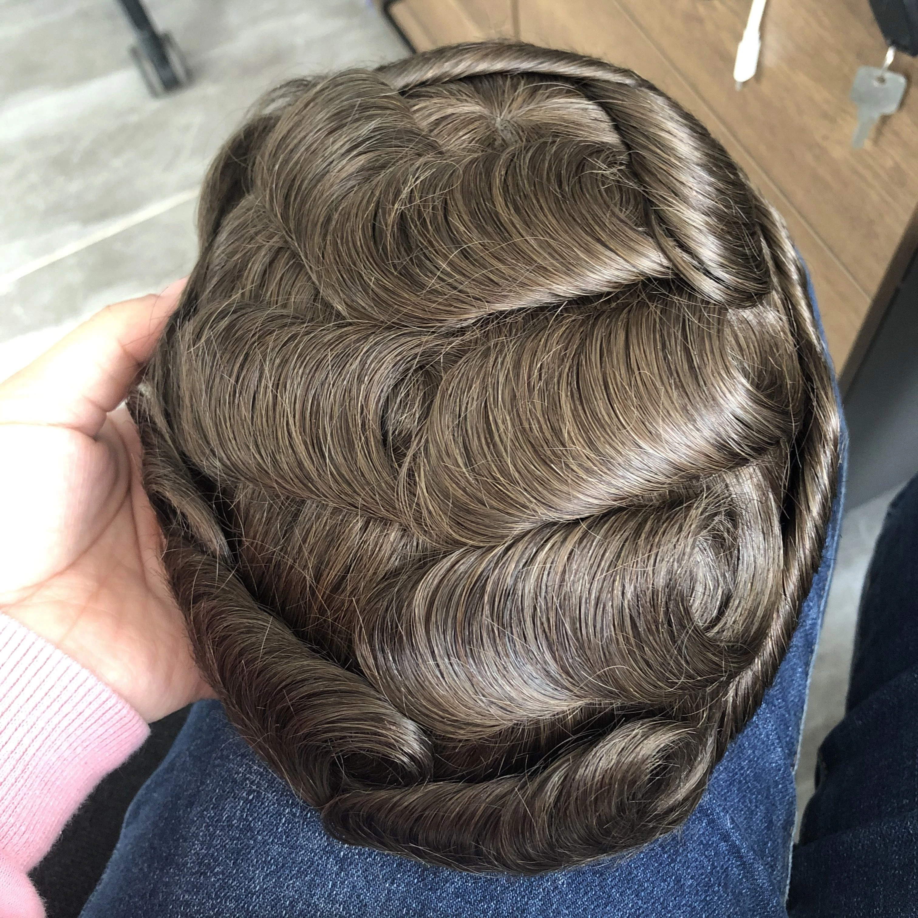 1B40 1B65 สีเทามนุษย์ผมผู้ชาย Toupee ตรวจไม่พบ 0.1 มม.ฐาน PU Man วิกผมเปลี่ยนเส้นผมธรรมชาติผม Prosthesis Capillary