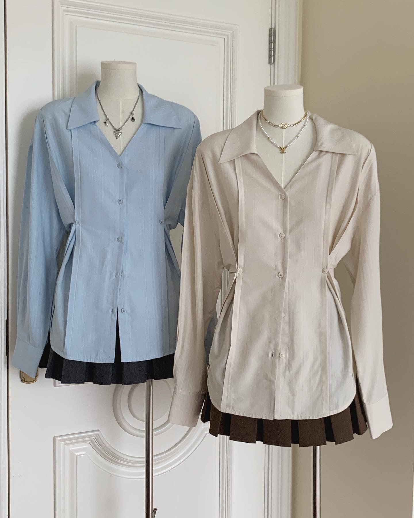 Maillard Blue American Vintage High Street อย่างเป็นทางการชุดเอวเสื้อออกแบบ Sense Lapel เผ็ดสาวปุ่มเสื้อด้านบน