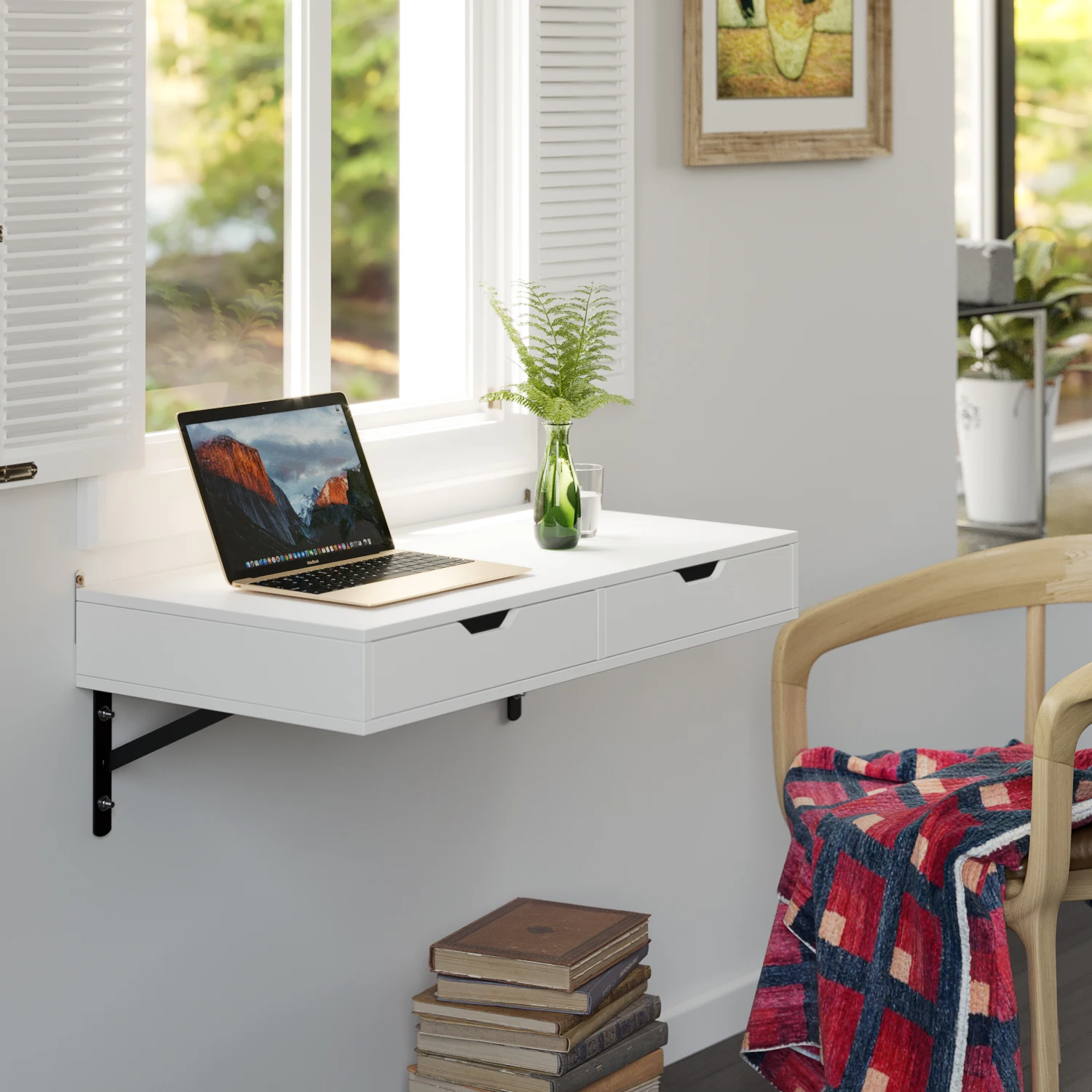Mesa de parede Getone, mesa de parede com 2 gavetas e 2 suportes, mesa de computador Mesa suspensa de 80 cm, estação de trabalho de escritório de madeira