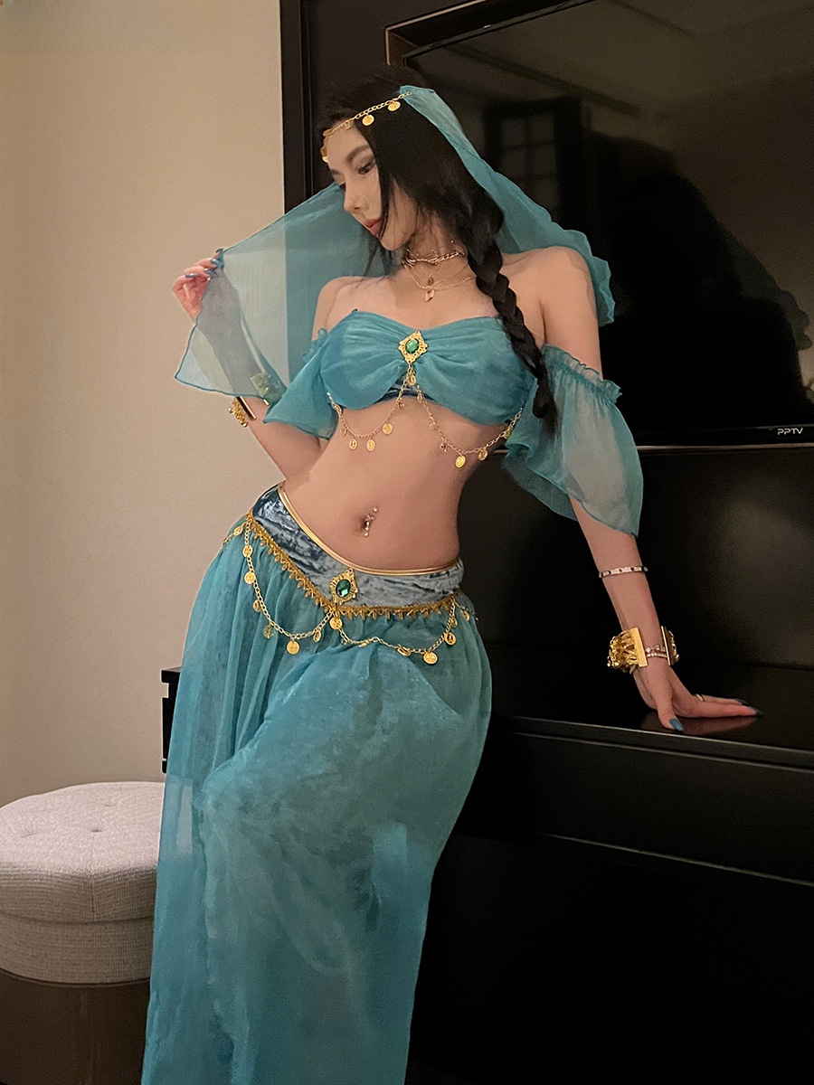 Fsia de Dança do Ventre Estilo Princesa Cosplay da Antiga Dinastia Chinesa com Sabor Étnico Moda Fena para Apresentaç...