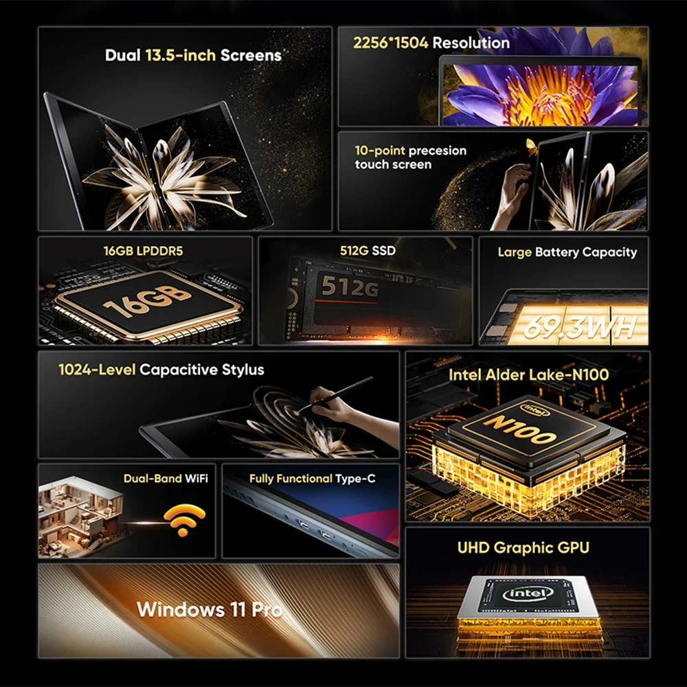 N-ONE nbook air laptop 13,5 zoll dual touchscreen computer intel n100 16g ddr5 512gb m.2 ssd windows 11 2 in 1 tablet büro pc