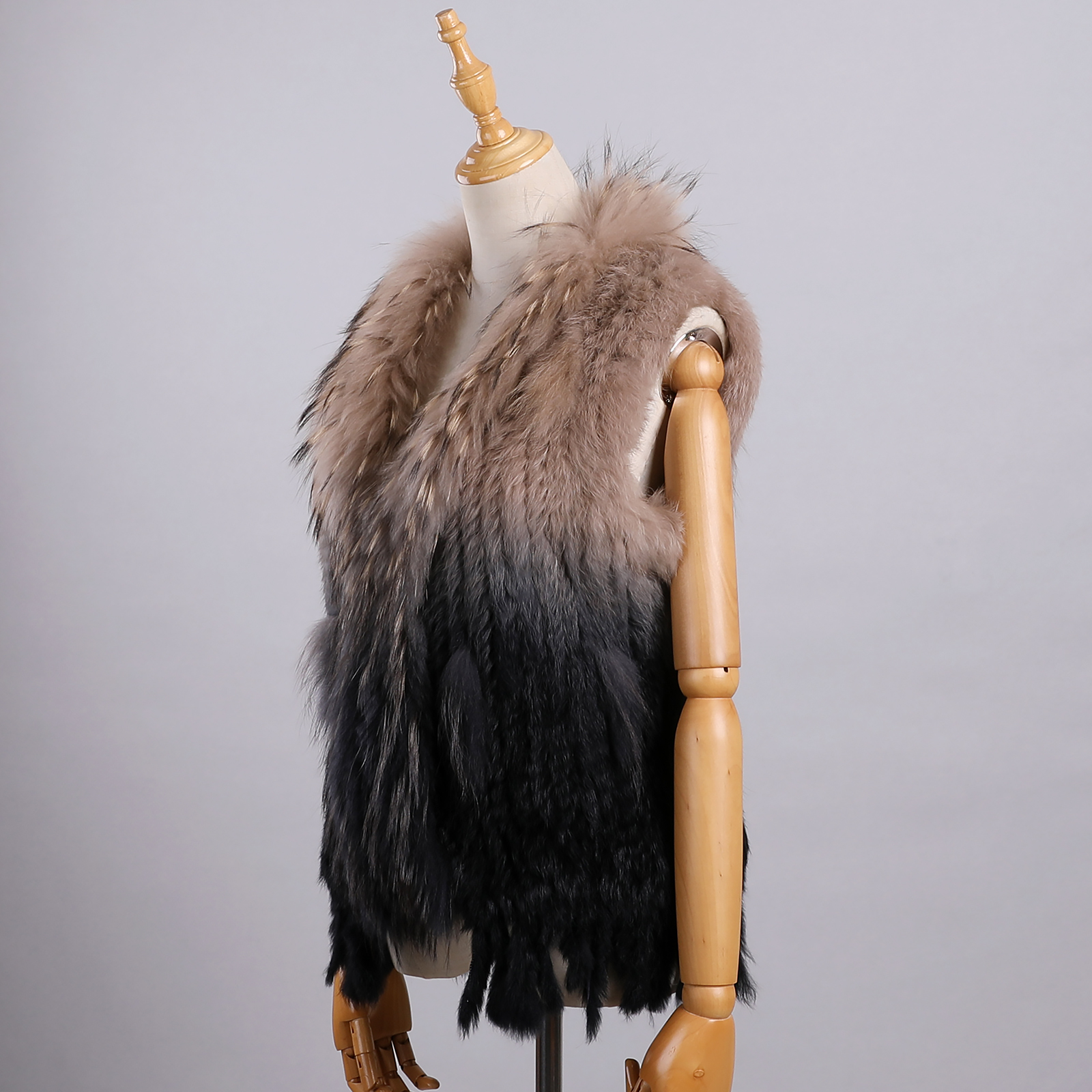 ผู้หญิงหรูหราของแท้พรีเมี่ยมผมยาวกระต่ายขนสัตว์ถักเสื้อกั๊ก Raccoon FUR Trim GILET Lady เสื้อกั๊กขนสัตว์จริงแจ็คเก็ต