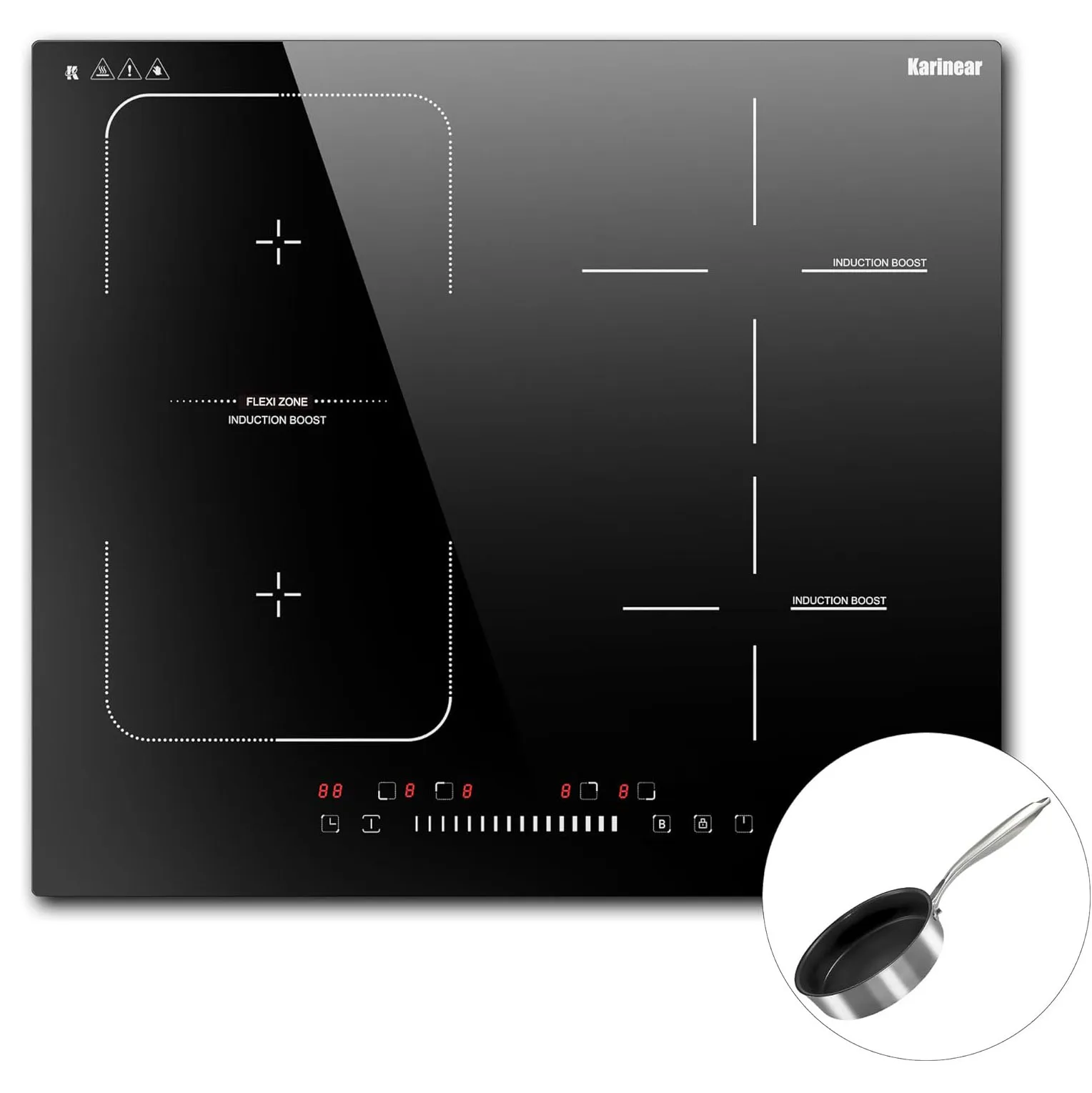 Karinear Induktionskochfeld 4 Zonen (mit Bratpfanne), 60 cm Flex Zone Elektrokochfeld 7200 W Schiebesteuerung mit Boost-Timer-Safe-Lock