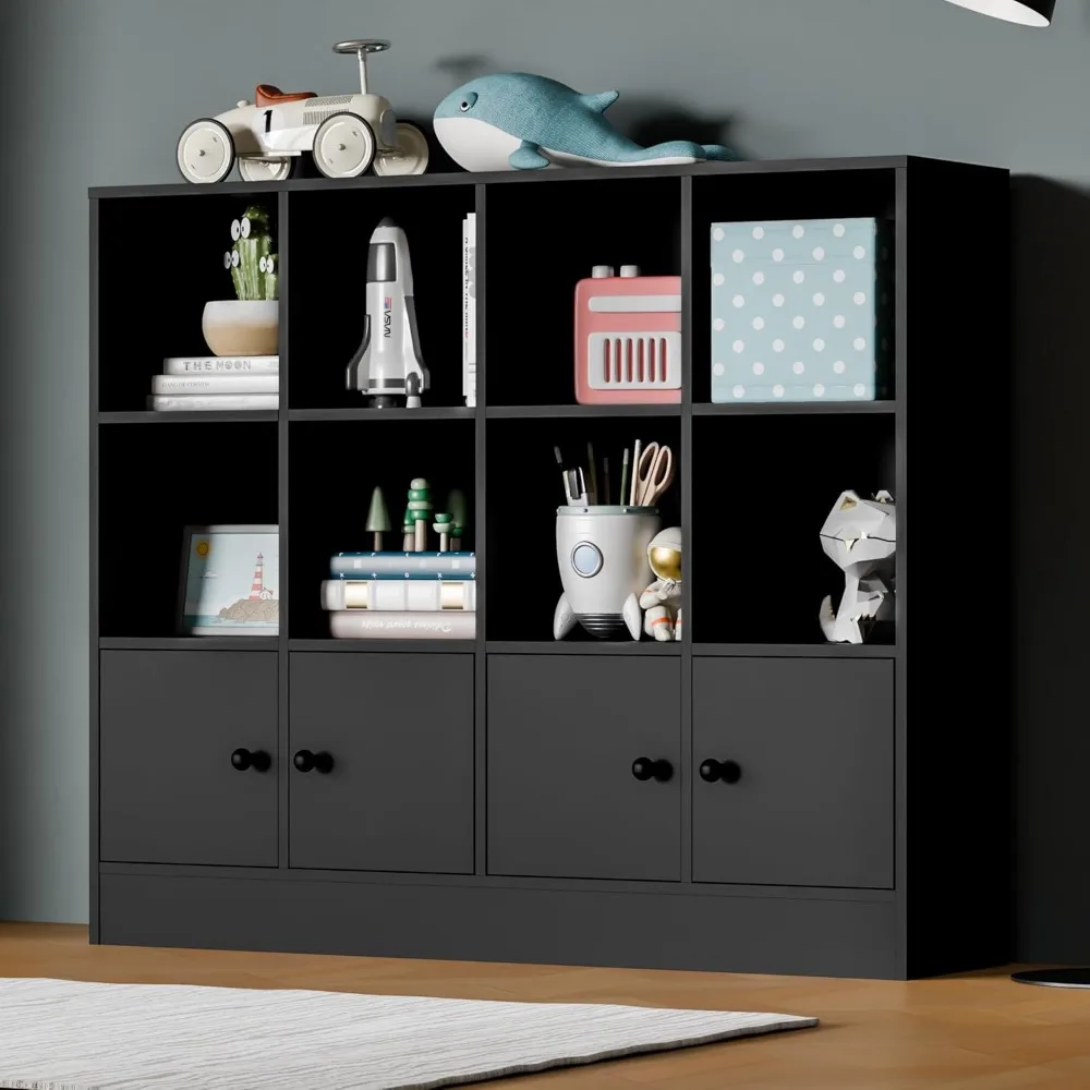 Black Wood Bookcase,12 Cube Storage Organizer Bookshelf with 4 Doors,3 Tier Storage Cabinet with Adjustable Shelves for Bedroom