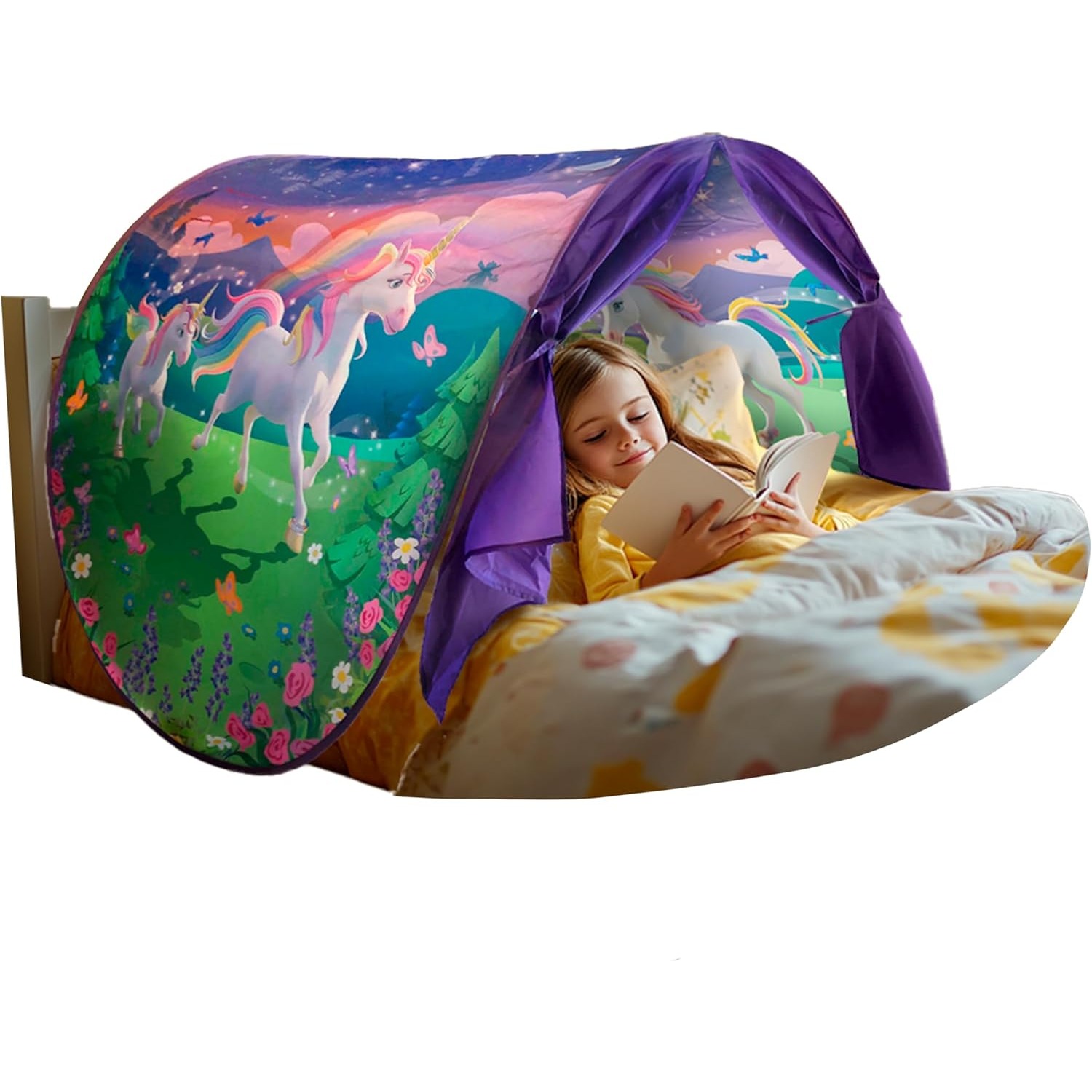 Tente de rêve avec spectacle de lumière pour lit d'enfant avec poche de rangement, tente pliable pour enfants sur lit, moustiquaire