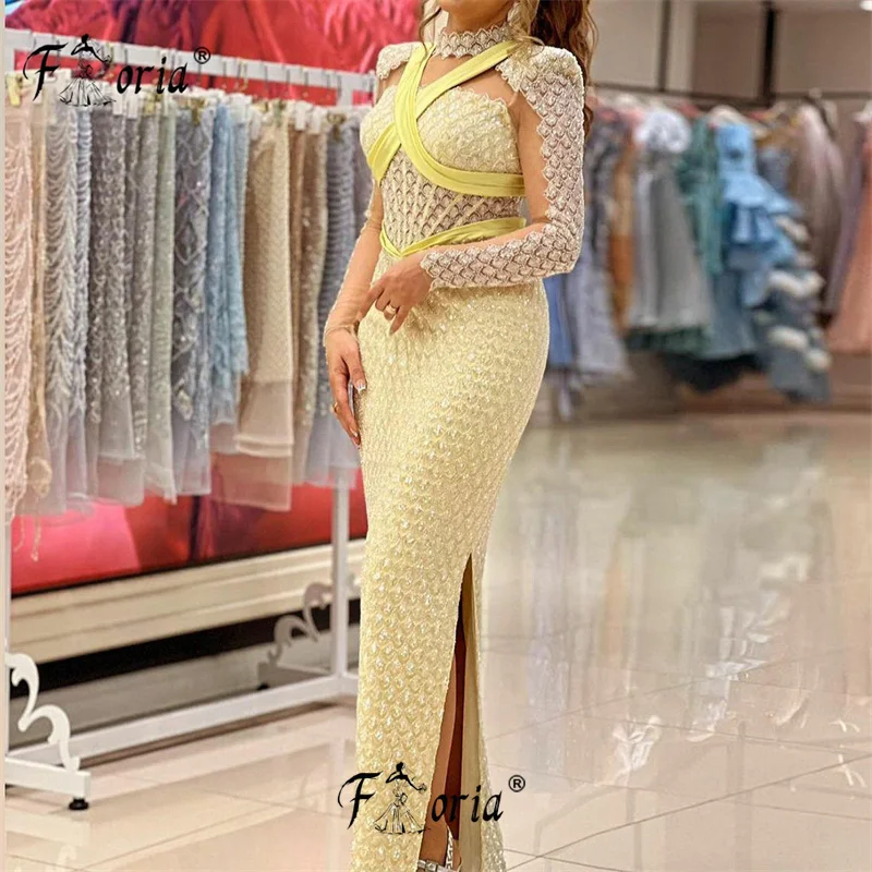 Funkelnde Perlen Pailletten gelb Langarm formelle Anlass Kleid Dubai Schlitz Meerjungfrau Abend Party Kleid plus Größe Robe de Soirée