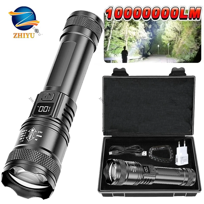 Lanterna led recarregável com zoom, tocha com display lcd, 3 modos, à prova d'água, alta potência, luz manual, acampamento ao ar livre