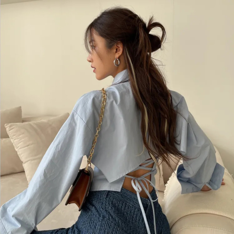 Gidyq เกาหลีผ้าพันคอเสื้อผู้หญิงแฟชั่นเปลือยเซ็กซี่เสื้อสํานักงานสุภาพสตรี Casual Slim Chic เปิดลงปกเสื้อแขนยาว