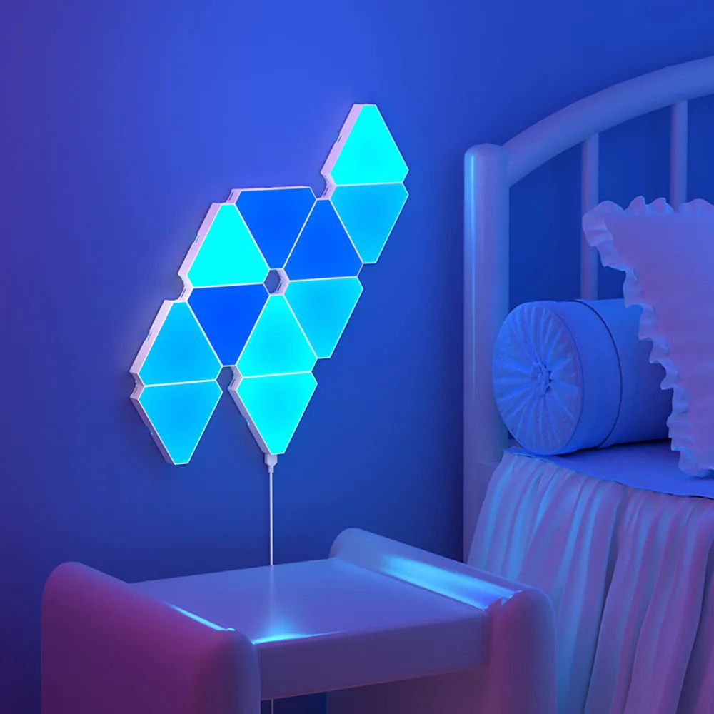 Led triangular quantum lâmpada de parede rgb captador inteligente ritmo luz fundo para o quarto cabeceira luz da noite decoração do escritório