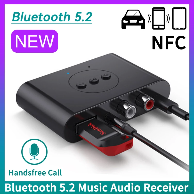 Receptor de Audio Bluetooth 5,2, NFC, disco U, RCA, 3,5mm, AUX, USB, adaptador inalámbrico de música estéreo con micrófono para Kit de coche, amplificador de altavoz