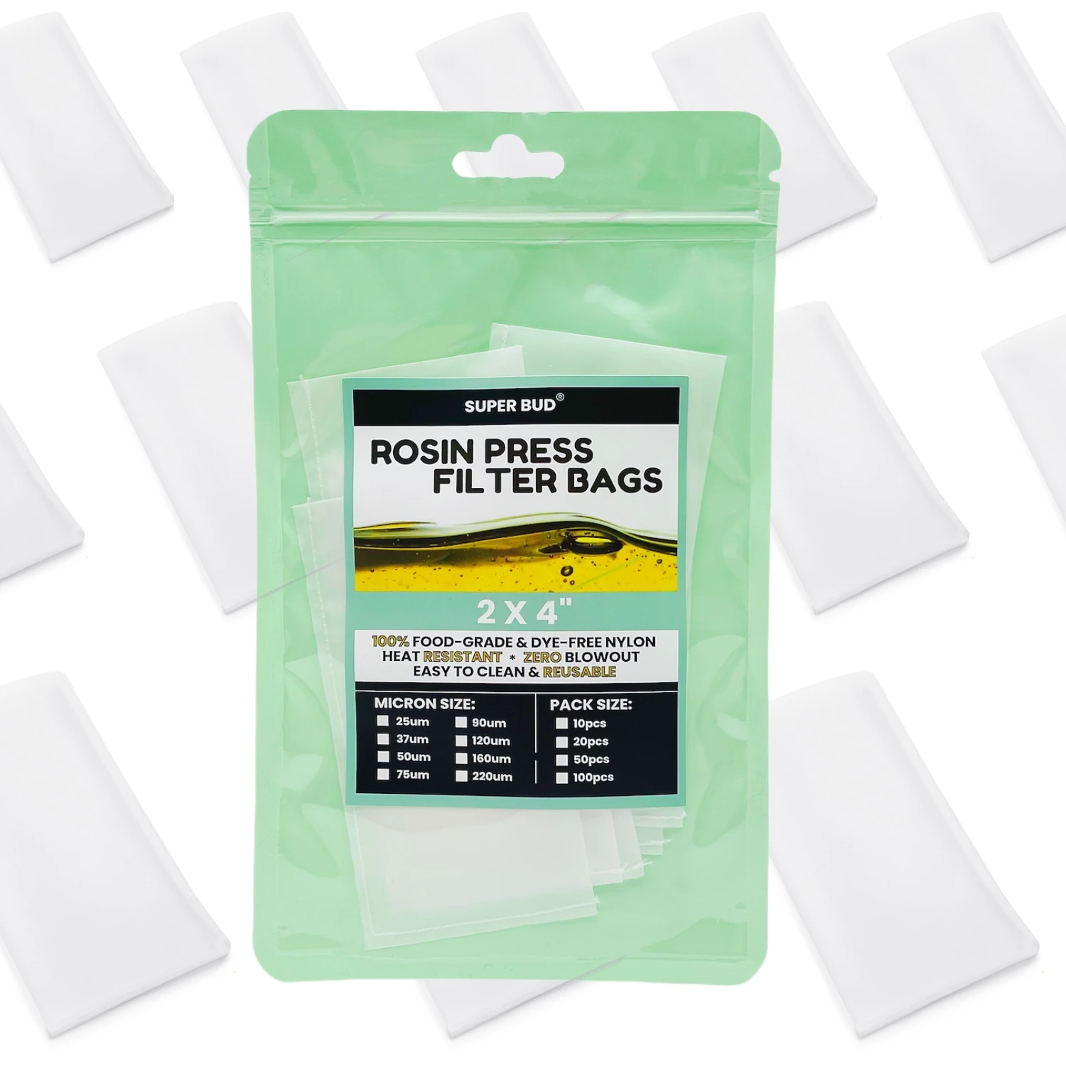 Premium Rosin Press Filter Extraction Bags Nylon Tea Bag with Clear Packing Card All Micron Sizes 25-220um for WAX Oil Machine