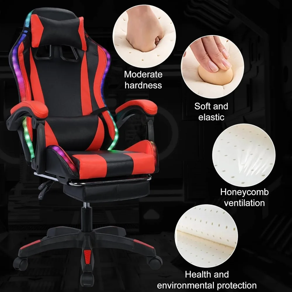 Gaming Chair w Bluetooth Speakers RGB LED Lights,Ergonomic,Footrest,Height Adjustable Adults w Back Lumbar Support Red