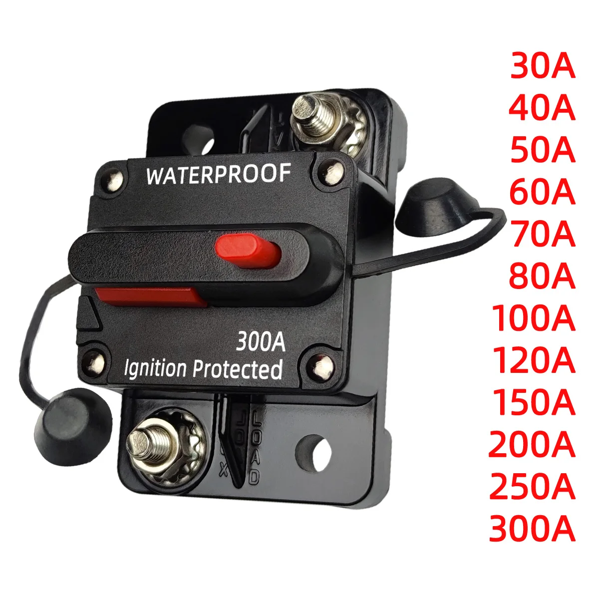 Reset bezpiecznika wyłącznika automatycznego od 30A do 300A, samochodowy uchwyt bezpiecznika liniowego stereo, wodoodporny bezpiecznik resetujący wyłącznik morski 12V-48V DC