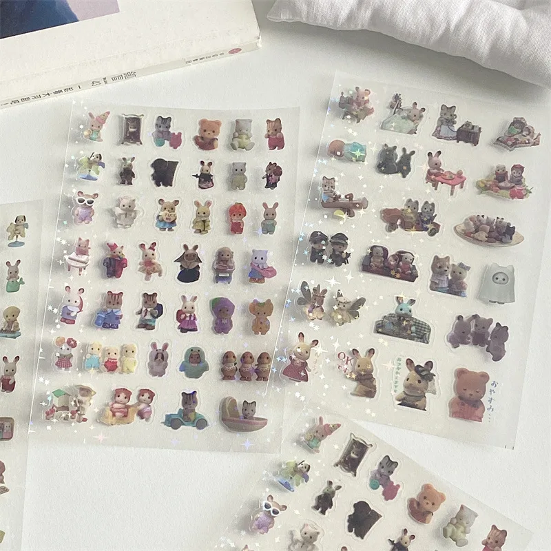 6 個日本のレトロかわいい漫画森林動物ステッカー PET 美的フラッシュフィルム DIY ステッカージャーナルスクラップブック電話ケースデカール