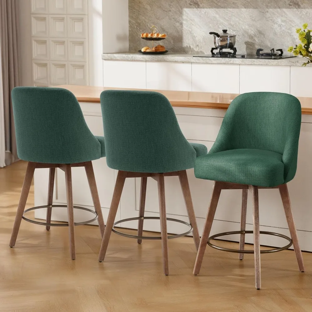 Counter Height Bar Stools Set of 3,Modern Mid-Century Swivel Barstools with Backs and Wood Legs,Linen Fabric Upholstered Bar