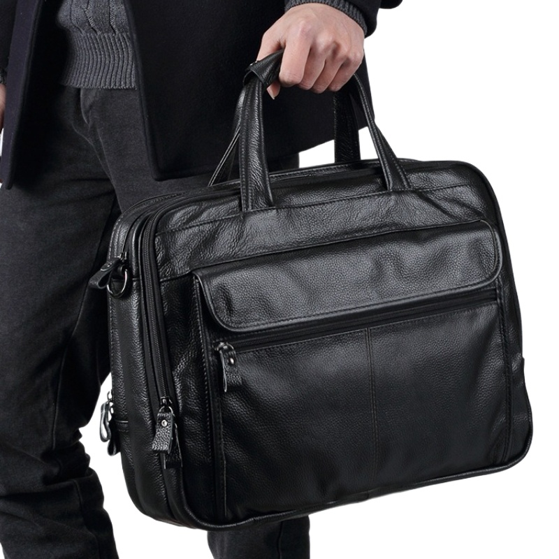 Black Genuine Leather Briefcase Men High End Quality Cowhide Designer Luxury Handbag Large Capacity 15.6" Laptop Shoulder Bag