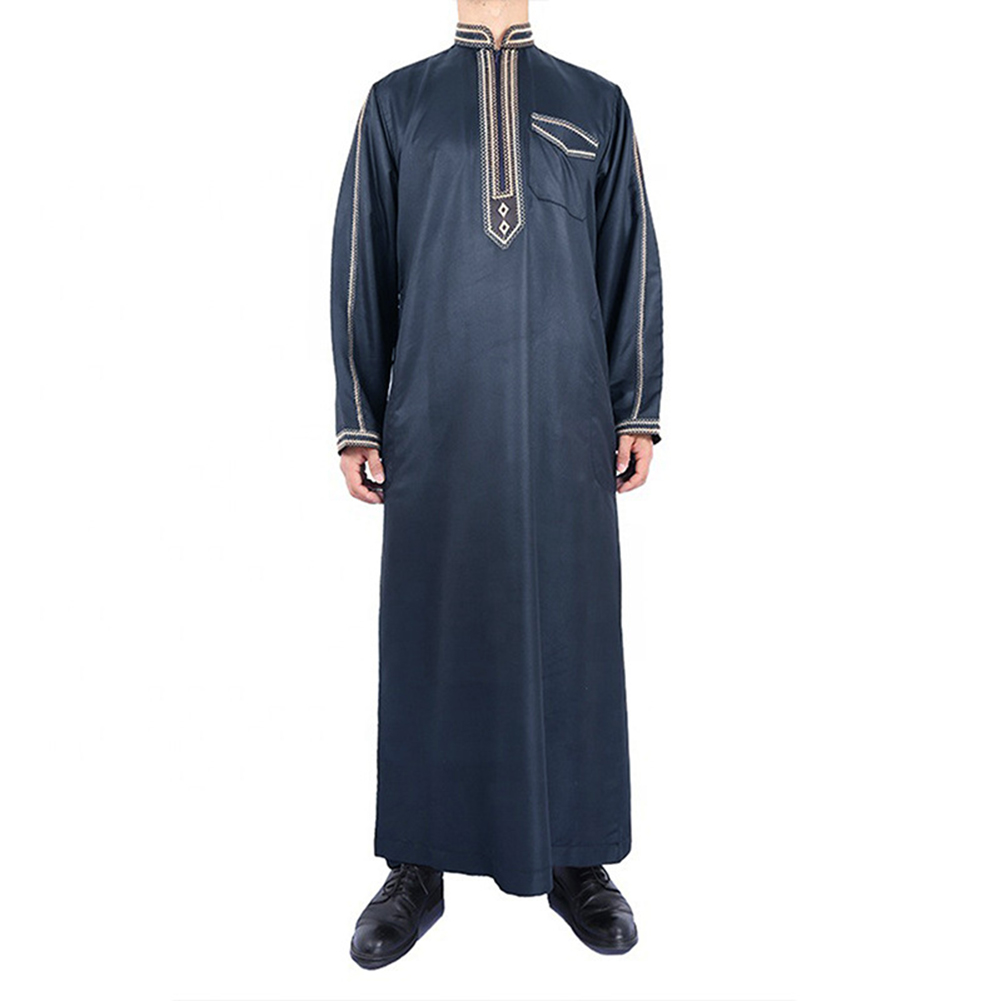 Bata informal de manga larga para hombre, ropa cómoda y a la moda para vacaciones, suelta, musulmana, ligera, elástica, Color sólido, cuello levantado