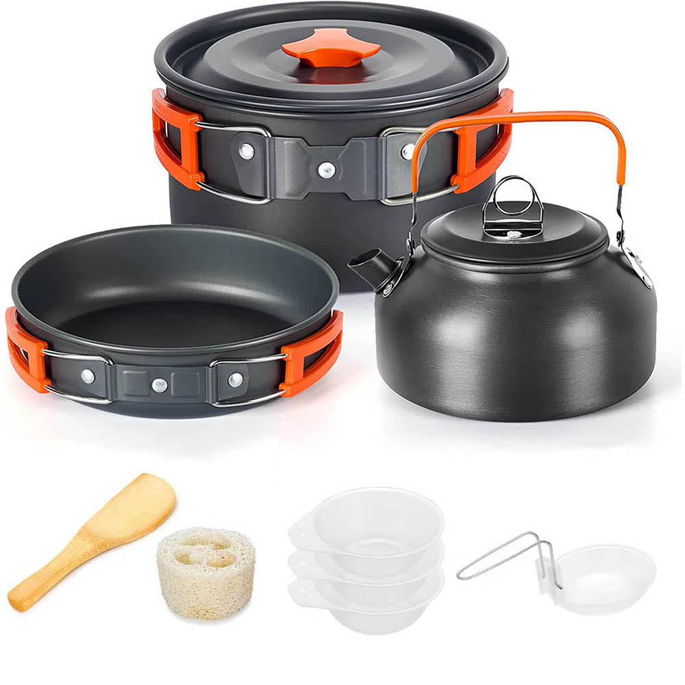 Aluminium Outdoor Camping Kochgeschirr Set mit Netzbeutel Klappkocher Set Camping Küche Kochen Teekanne und Pfannen Ausrüstung