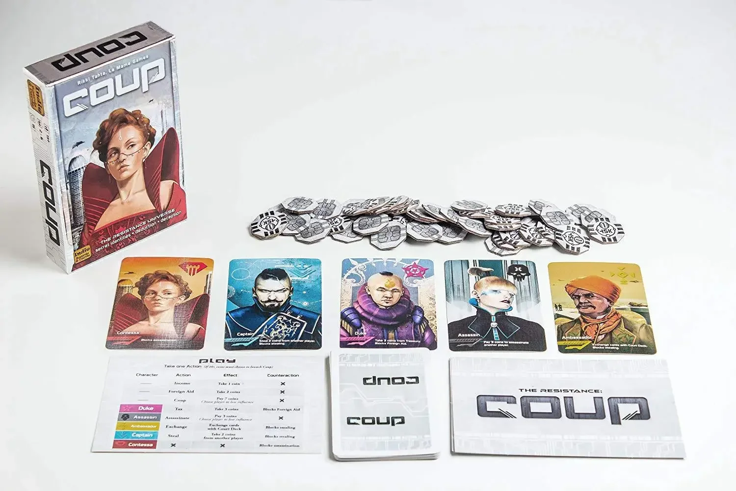 Nowe plansze i karty do gry w Coup |   Zamach na tron |   Gra karciana |   Wiek 14+ |   2-6 graczy |   15 minut czasu gry