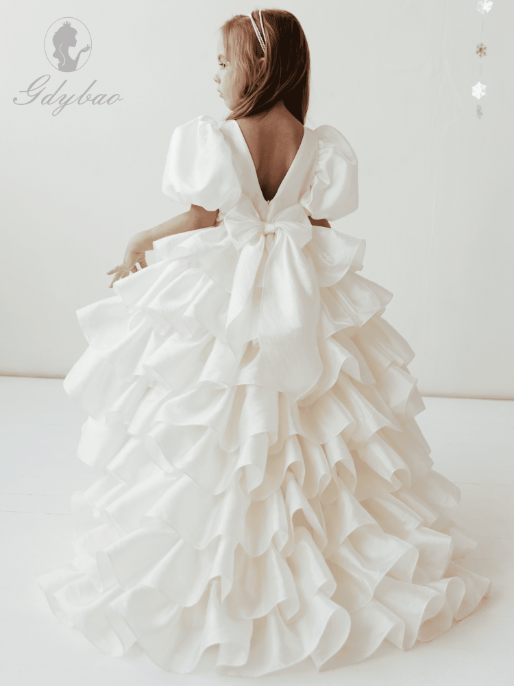 Vestidos da menina de flor bege sólido em camadas com arco e cauda manga curta para festa de aniversário de casamento vestidos de comunhão sagrada