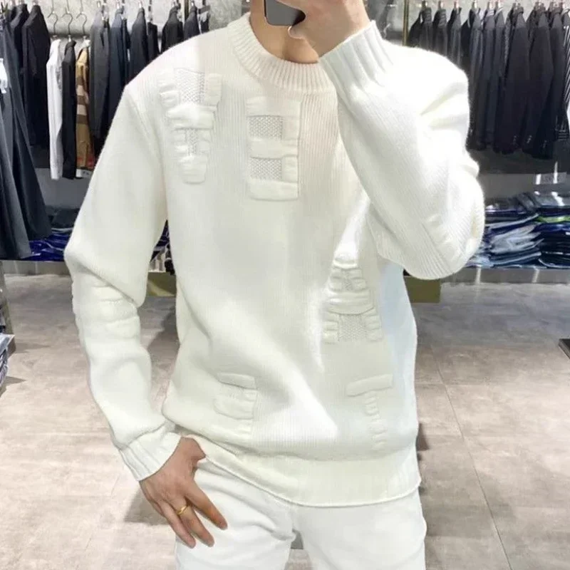 Suéter de punto verde para hombre, jerseys lisos de Color sólido, moda coreana, jerséis clásicos, Overfit calentado