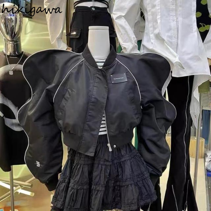 Harajuku Jacken Frauen Kleidung Oansatz Puff Sleeve Zipper Y2k Tops 2023 Ropa Mujer Mode Streetwear Koreanische Schwarz Zipper Mäntel