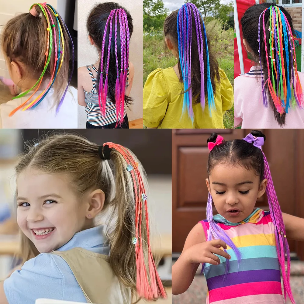 Estensioni dei capelli trecce colorate sintetiche per ragazze con elastici Posticci intrecciati arcobaleno Accessori per capelli coda di cavallo per ragazze