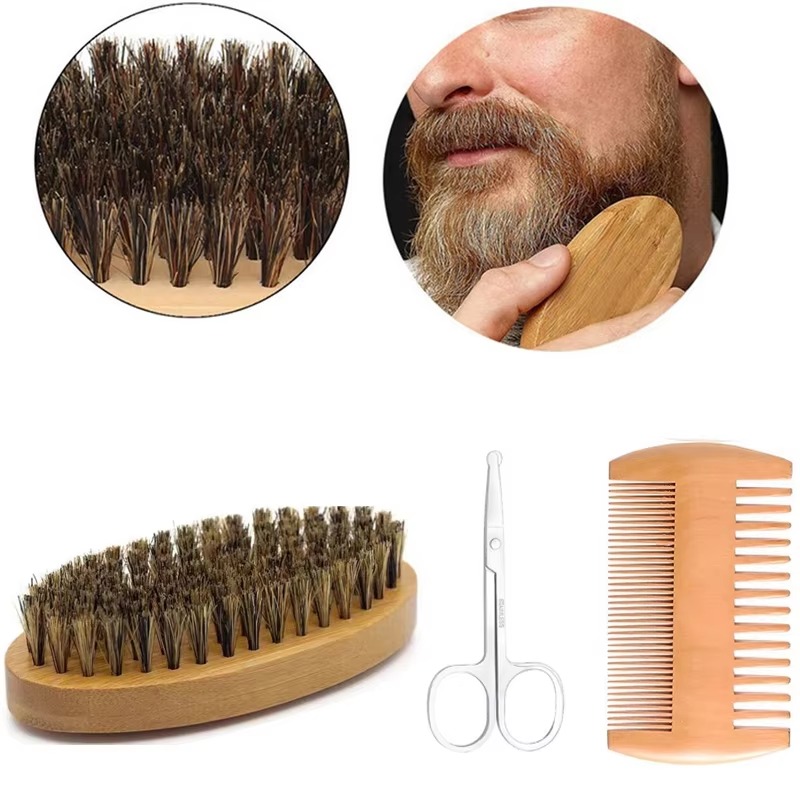Set di pennelli da barba da uomo con setole di cinghiale, barbiere portatile, spazzola per barba naturale, pettine, forbici per lo styling per la pulizia del viso