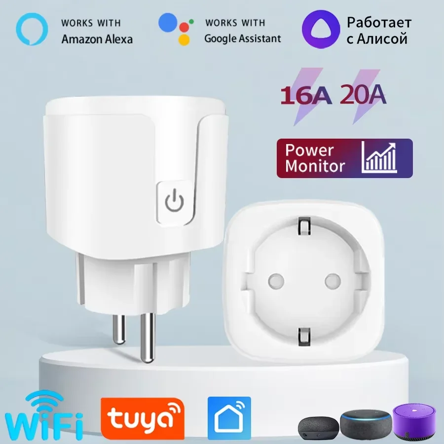 Enchufe inteligente UE WiFi enchufe 16A/20A Tuya monitoreo de energía aplicación Smart Life Control remoto temporizador Control de voz Alexa Google Home