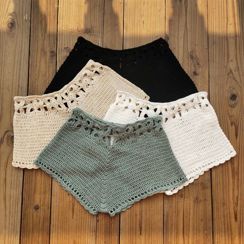 Pantalones cortos de baño con recortes de ganchillo para mujer, traje de baño, pantalones cortos de playa con cordón, bañadores, verano