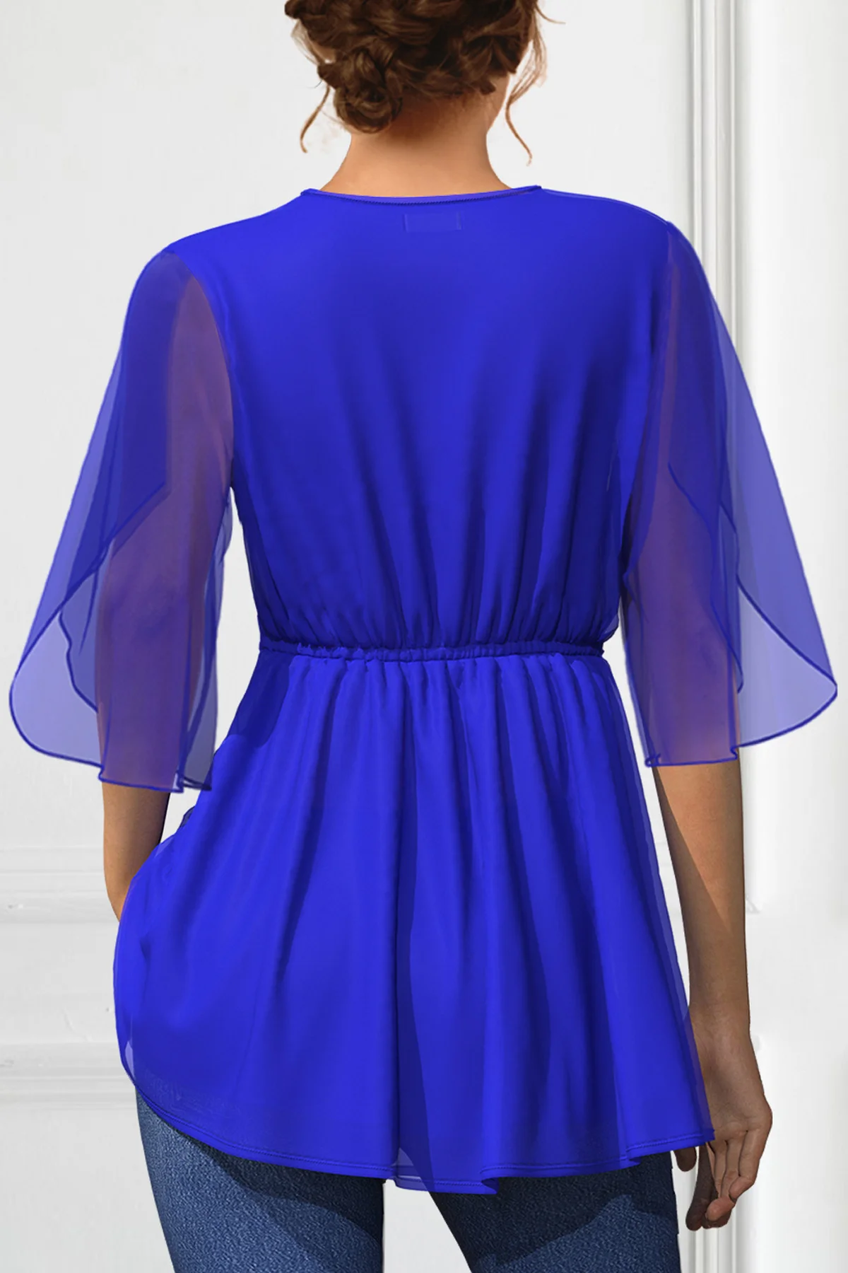 Frauen Chiffon T-shirt Halbe Hülse Split V-ausschnitt mit Gürtel Geraffte Casual Vintage Solide Blau Sommer Neue Mode T Top 2024