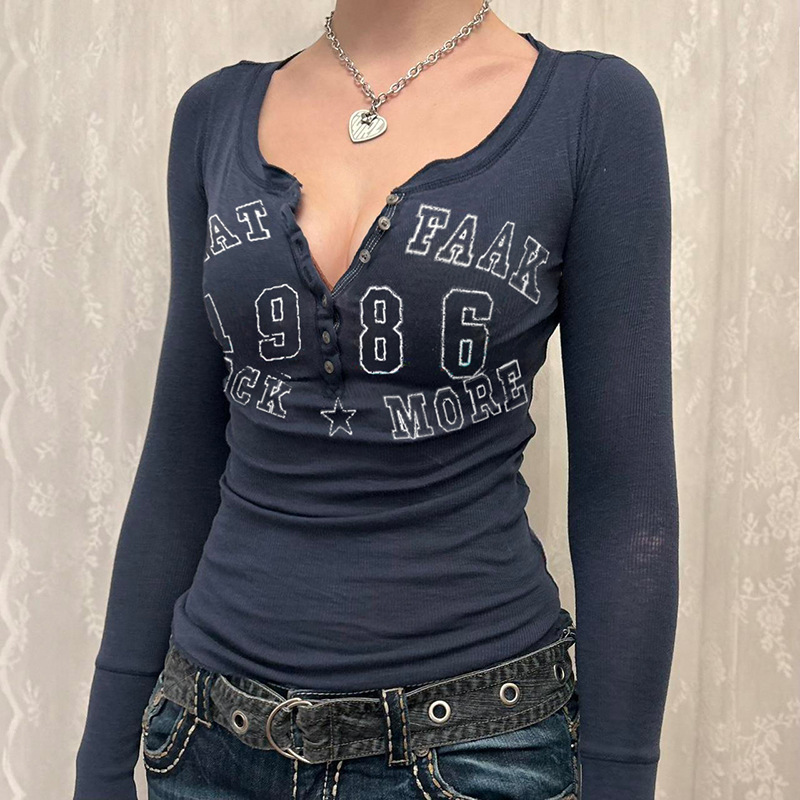 黒 Tシャツ女性秋レタープリントストリート長袖 O ネックボディコンセクシーなトップボタンファッションカジュアルスリム Tシャツ女性