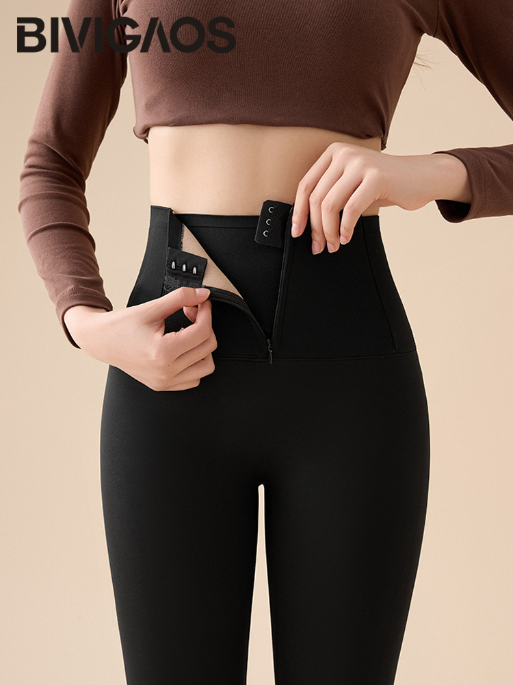 BIVIGAOS jesienno-zimowy polar gruby zamek błyskawiczny legginsy ze skóry rekina damskie modelowanie talii obcisłe legginsy sportowe ciepłe spodnie