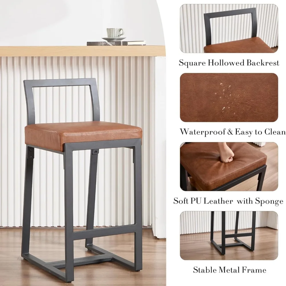 26’’ Modern Bar Stools Set of 2, Upholstered PU Leather Bar Chairs with Backrest Armless Counter Height Stools with Metal Frame