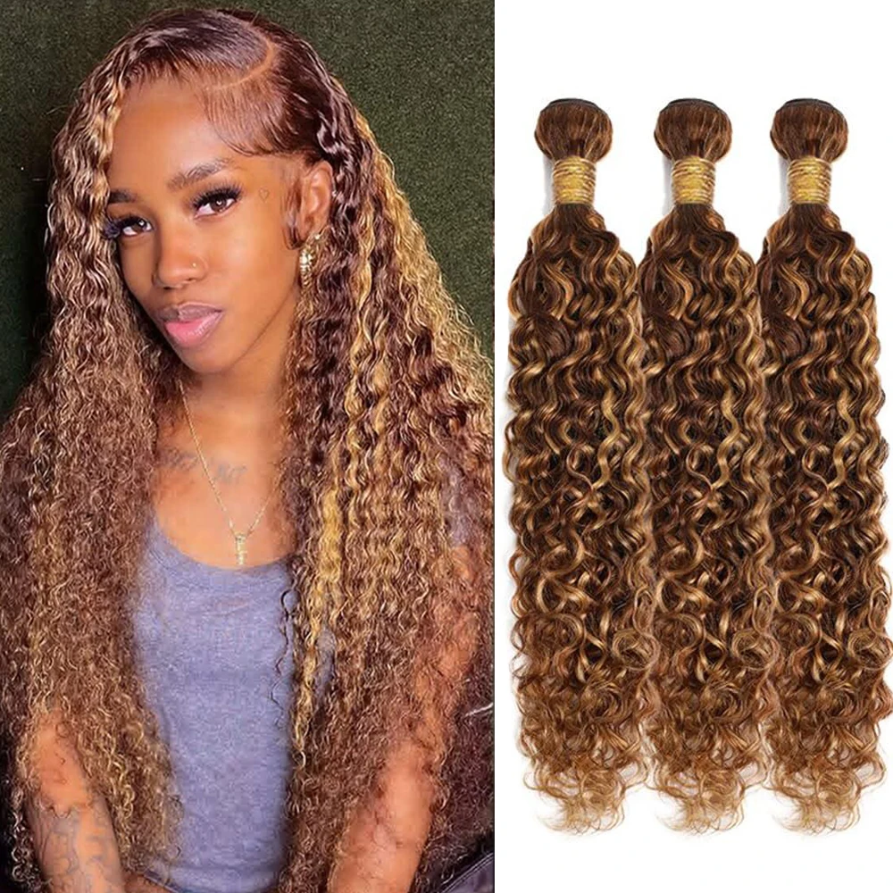 P4/27 onda profunda destaque marrom escuro e mel loira feixes de cabelo humano onda profunda pacote de cabelo tecer para mulher