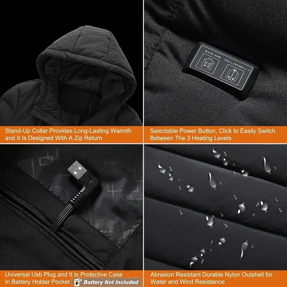 Chaqueta calefactable, Abrigo calefactable eléctrico con control simple y doble USB inteligente de 4-11 zonas, Parka con capucha para hombre para acampar en invierno y senderismo 6XL