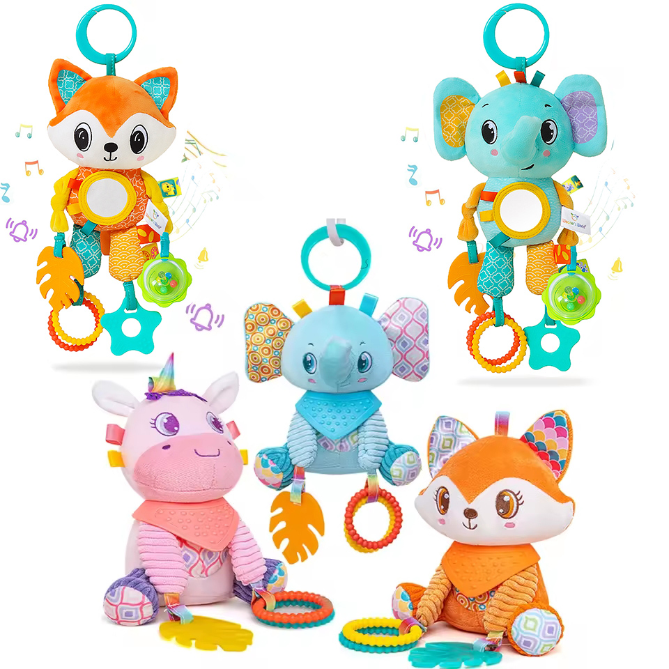 Soft Hanging Crinkle Squeaky Sensory LearningToy Stroller Car Seat Crib Travel Plush Animal Wind Chime with Teether Boys Girls