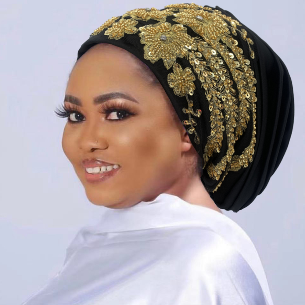 Gorro turbante plisado con cuentas bordadas de lujo para mujer, gorro africano para la cabeza, turbante musulmán, envolturas para la cabeza para mujer