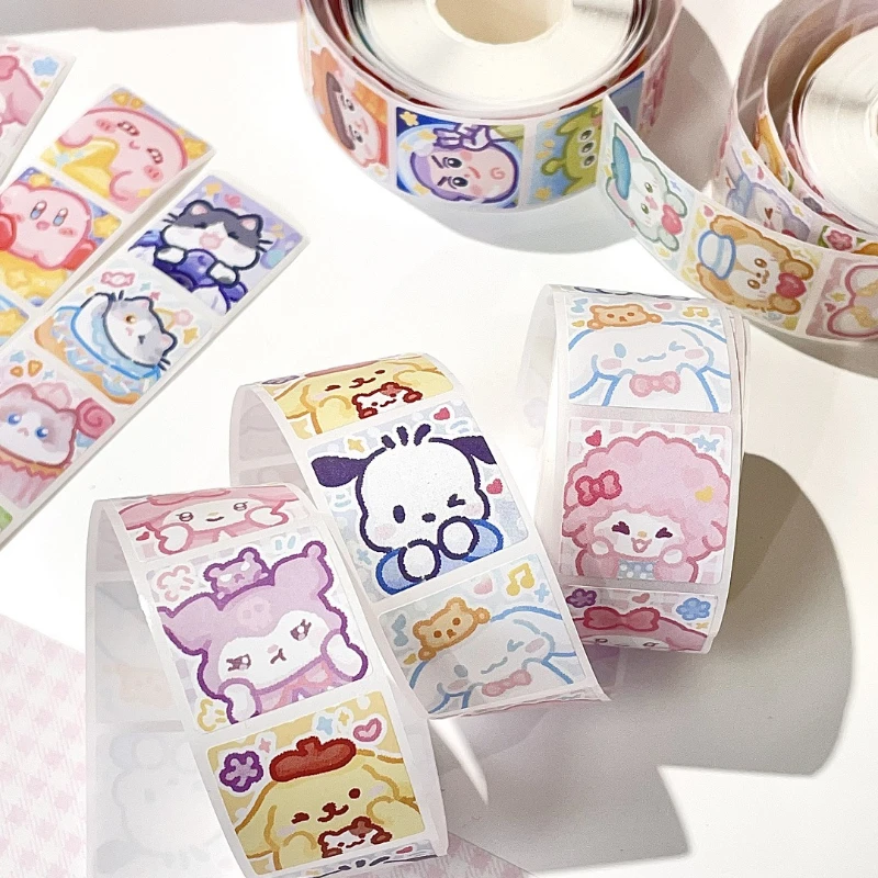 Rollo de pegatinas de dibujos animados Sanrio/500 Uds. Pegatinas de recompensa Cinnamoroll My Melody Kuromi, manuales de estudiantes, pegatinas decorativas de regalo