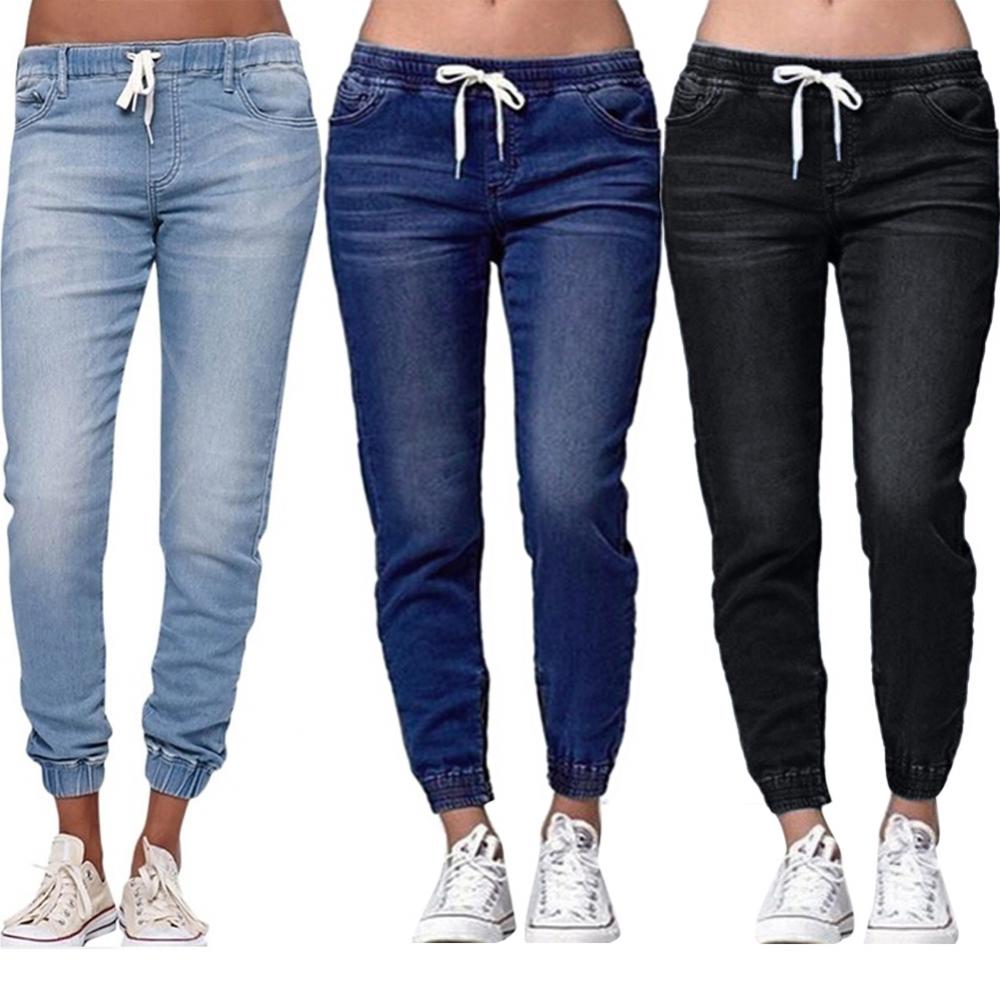 Lose Kordelzug Frauen Jeans Elastische Taille Hosen Denim Plus Größe Casual Lange