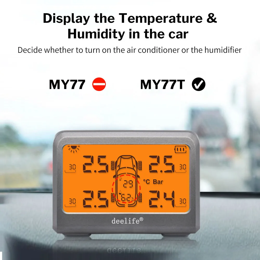 Deelife-sistema de supervisión de presión de neumáticos de coche, TPMS Solar, con batería de neumático de 4 ruedas, sensores externos internos reemplazables, TMPS