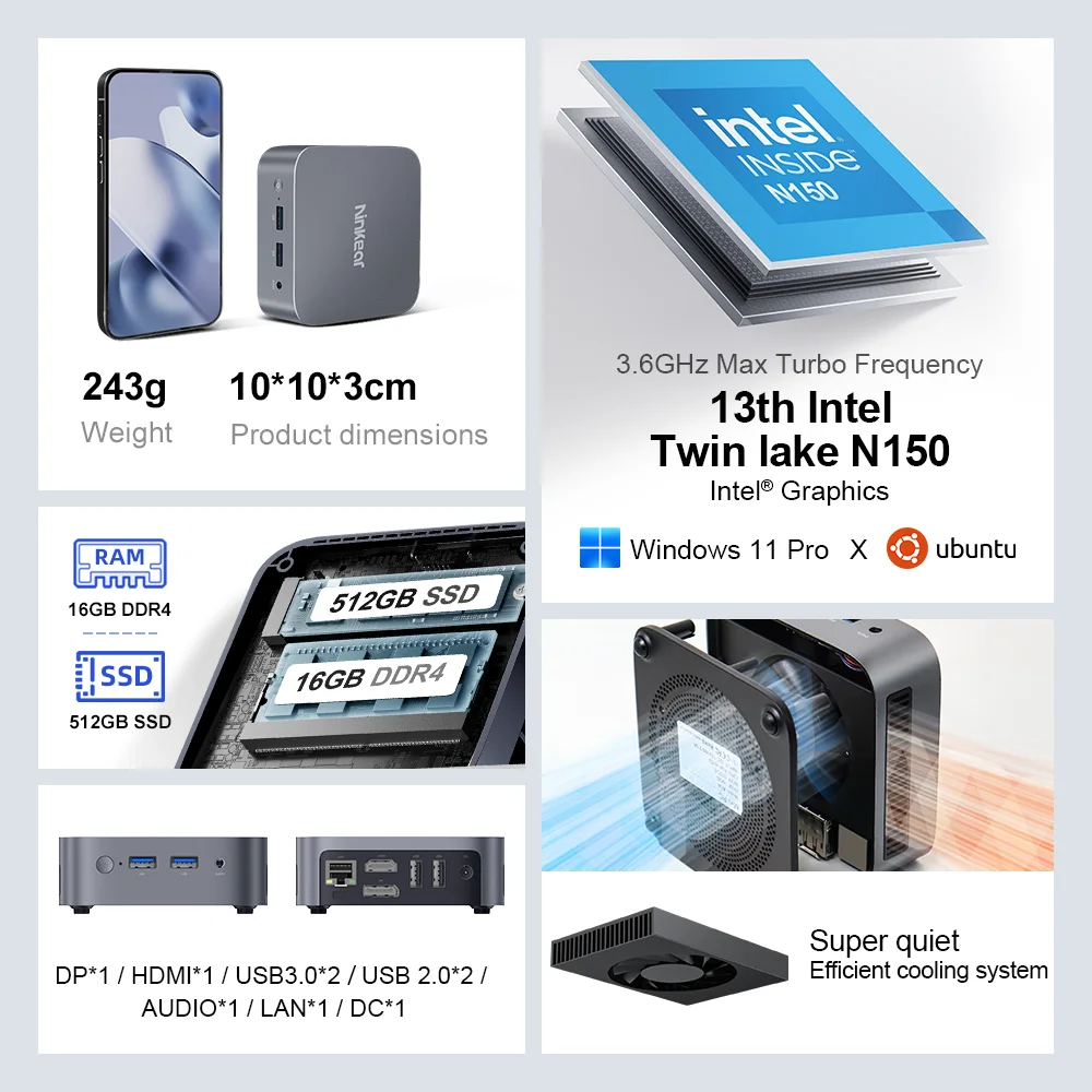 Ninkear MINI PC MBOX 11 Intel N150 16GB DDR4 + 512GB SSD fino a 3.6Ghz supporto Windows11/Linux OS 4K e 2 display Computer