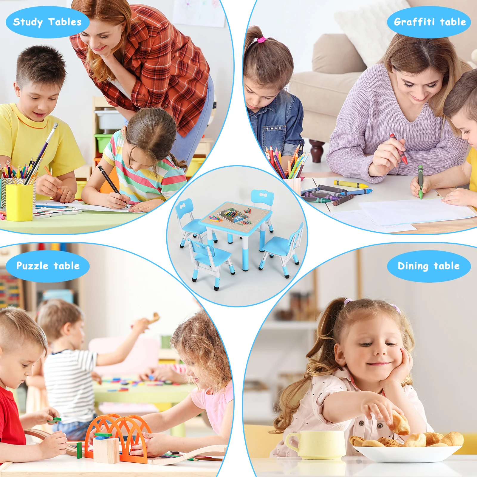 AOOU Kids Table and 4 Chairs Set, Height Adjustable Toddler Study Table Set, Multi-Activity Art Table Graffiti Desktop Age 2-10