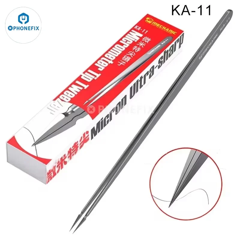 Pinzas mecánicas KA-11 de punta micrométrica de acero inoxidable de alta dureza, herramienta de reparación electrónica de teléfono con cable mosca preciso no magnético