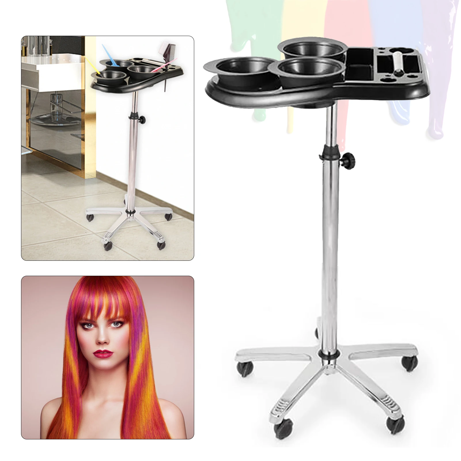 Carrello da parrucchiere su ruote 70-105 cm regolabile con 3 ciotole da colorare per parrucchiere Carrello da parrucchiere spa