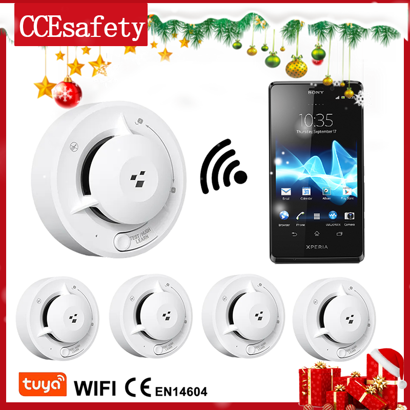 Tuya Wifi Detector de humo inteligente Sensor fotoeléctrico alarma de incendio 85dB con pilas AA Compatible con la aplicación Tuya para la seguridad del hogar