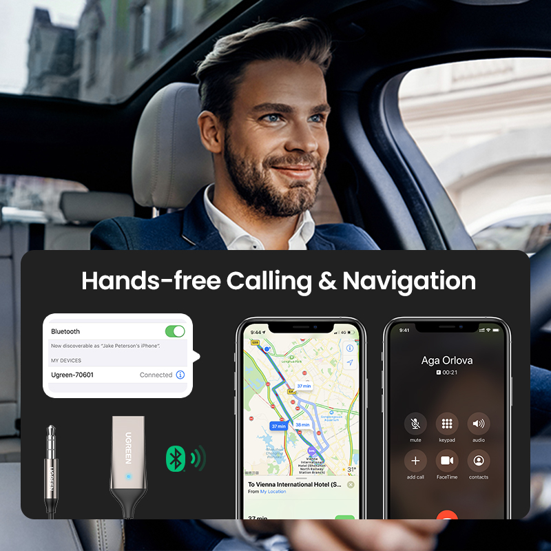 UGREEN Bluetooth 5.3 Адаптер громкой связи Bluetooth 3,5 мм AUX Музыкальная навигация Потоковое микрофон для звонков Автомобиль