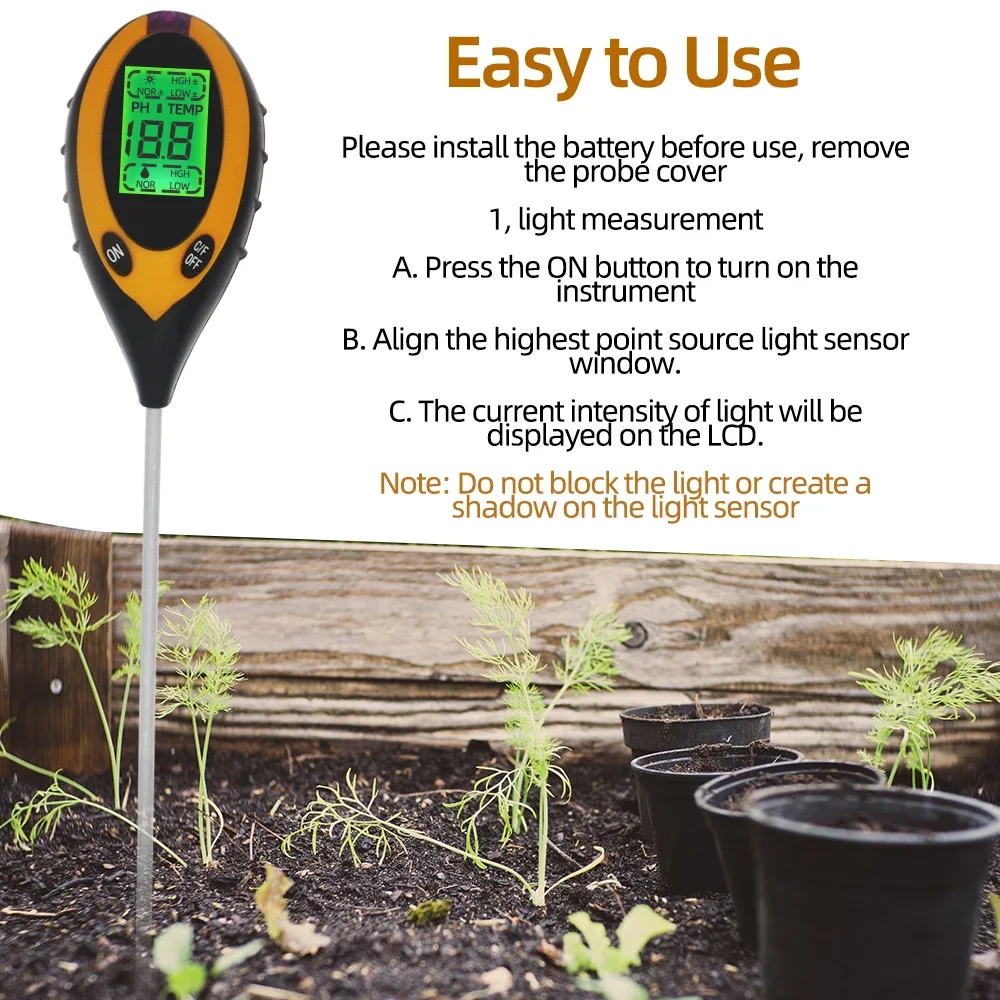 Probador de suelo 4 en 1, medidor de temperatura de humedad de PH, Monitor de humedad del suelo, herramienta de medida de acidez para plantas de jardín